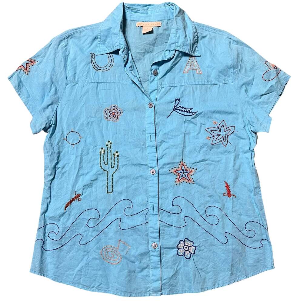 Antilia Femme Women's Embroidered Novelty Short Sleeve Button Down Shirt